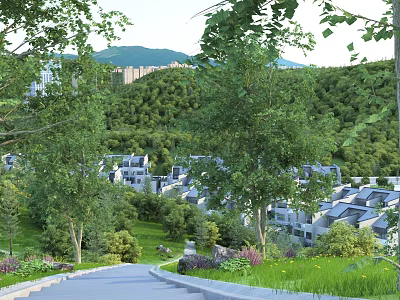 Scenic Landscape with Green Mountains Lush Trees Winding Path and Residential Houses 3d model