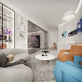 Modern Office Break Room With White Counter Blue Shelves Orange Chair And Blue Sofa
