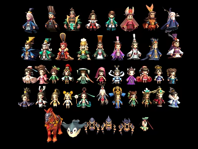 Colorful Characters and Creatures Figurines with Diverse Designs and Various Costumes Displayed in Rows 3d model