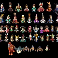Colorful Characters and Creatures Figurines with Diverse Designs and Various Costumes Displayed in Rows