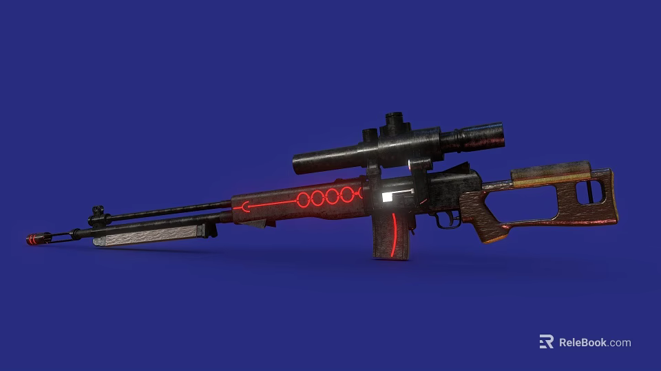 Futuristic Sci Fi Rifle With Red Glowing Accents Scope And Wooden Stock On Blue Background 3d model 