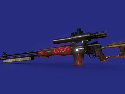 Futuristic Sci Fi Rifle With Red Glowing Accents Scope And Wooden Stock On Blue Background 3d model
