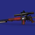 Futuristic Sci Fi Rifle With Red Glowing Accents Scope And Wooden Stock On Blue Background
