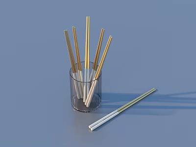 Gold And White Chopsticks In Transparent Glass Holder For Kitchen Utensils 3d model