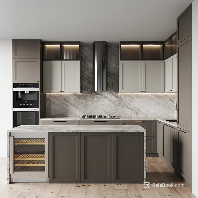 Modern Kitchen Interior With Gray Cabinets Marble Countertops Island And Wine Storage 3d model 