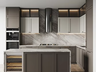 Modern Kitchen Interior With Gray Cabinets Marble Countertops Island And Wine Storage 3d model
