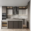 Modern Kitchen Interior With Gray Cabinets Marble Countertops Island And Wine Storage