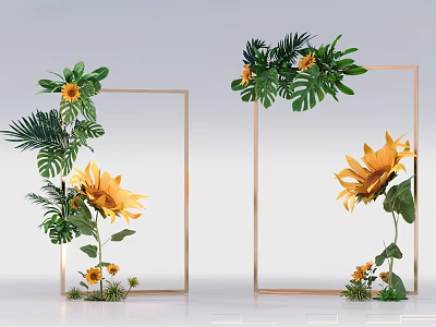 Elegant Garden Ornaments With Golden Frames Sunflowers And Lush Green Foliage 3d model