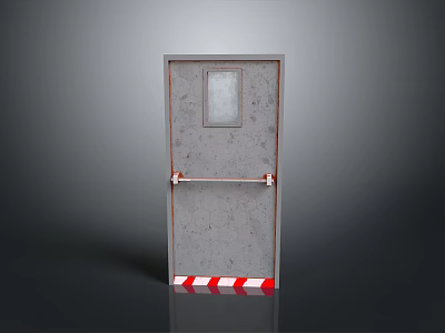 Gray Metal Door With Small Window Red Strap Handle And Red White Striped Base 3d model