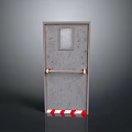 Gray Metal Door With Small Window Red Strap Handle And Red White Striped Base