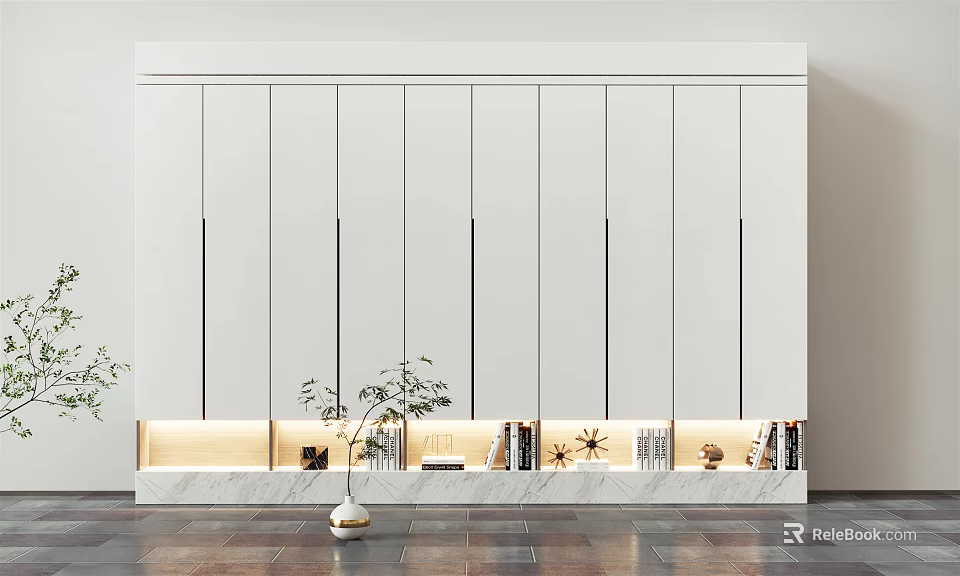 Modern White Storage Cabinet Unit With Multiple Doors Lower Shelf Lighting Books And Decorative Items 3d model 