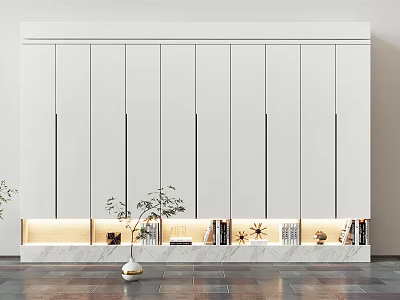 Modern White Storage Cabinet Unit With Multiple Doors Lower Shelf Lighting Books And Decorative Items 3d model