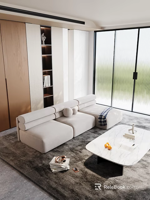 Modern Living Room Interior Design With Beige Sectional Sofa Marble Coffee Table And Large Windows 3d model 