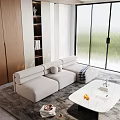 Modern Living Room Interior Design With Beige Sectional Sofa Marble Coffee Table And Large Windows