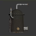 Vintage Industrial Metal Device With Rusty Surface Attached Pipes And Small Door