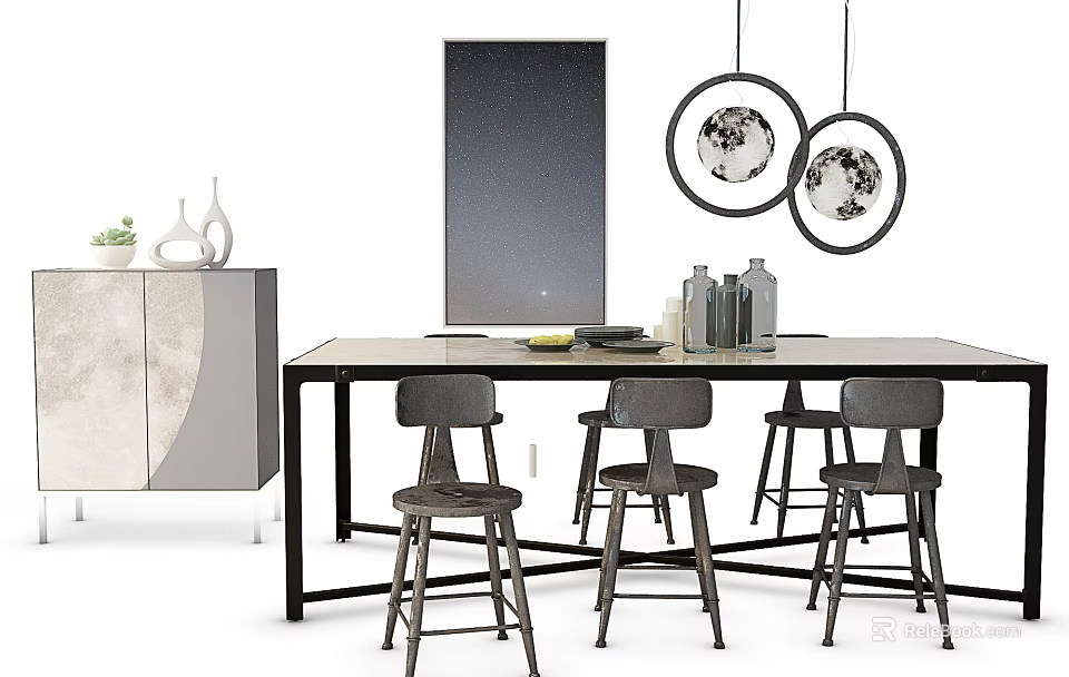 Modern Dining Table Set With Chairs Hanging Lights And Decorative Cabinet 3d model
