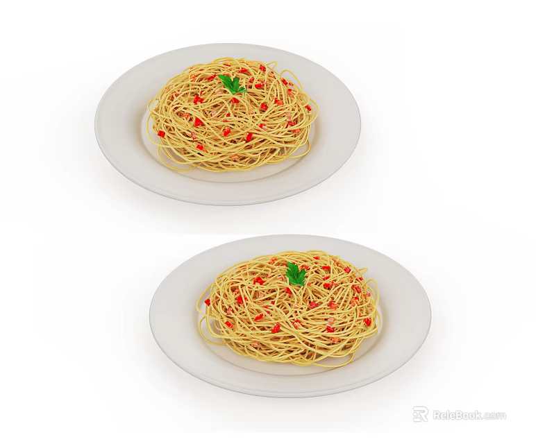 Fresh Spaghetti Served On White Plates With Red Toppings And Green Parsley 3d model 