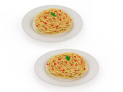 Fresh Spaghetti Served On White Plates With Red Toppings And Green Parsley 3d model