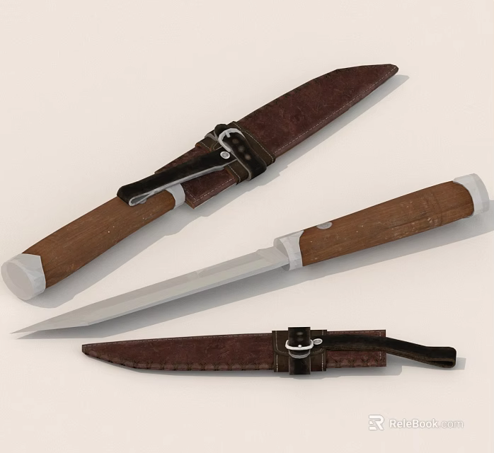 Wooden Handle Knives With Leather Sheaths And Sharp Blades Set 3d model