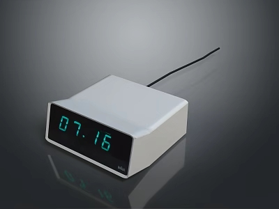 Practical Digital Clock With White Body Showing Time And Black Cable On Smooth Surface 3d model