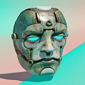 Man Wearing Rusty Metallic Mask With Blue Eyes On Gradient Background