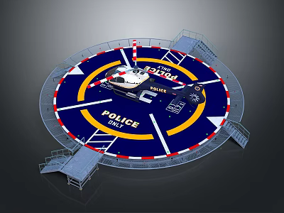 Circular Police Helicopter Landing Pad With Blue Yellow White Markings And Metal Staircases 3d model