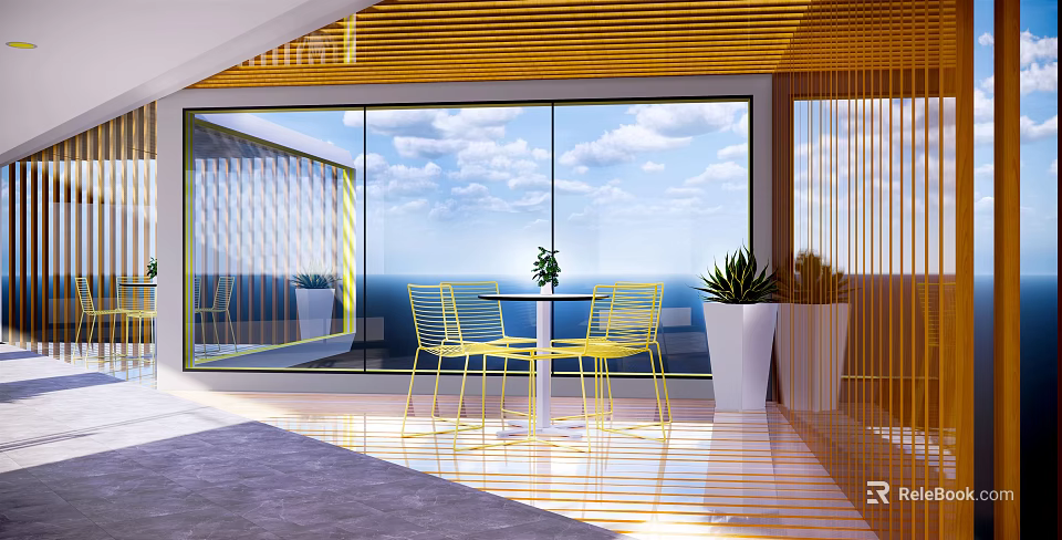 Modern Relaxation Area With Large Glass Windows Sea View Yellow Chairs And White Table 3d model 