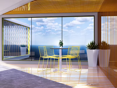 Modern Relaxation Area With Large Glass Windows Sea View Yellow Chairs And White Table 3d model