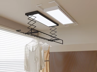 Indoor Ceiling Mounted Clothes Drying Rack With LED Light And Hanging Clothes Near Window Blinds 3d model