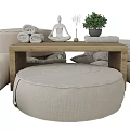 Soft Sofa Bench Setup with Pillows Rolled Towels Plant and Yoga Figurine