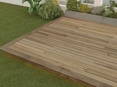 Outdoor Wooden Deck Flooring With Lawn And Plants 3d model