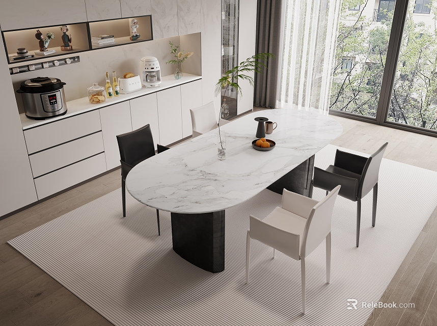 Elegant Modern Dining Table Set With Oval Marble Top Black White Chairs And Large Windows 3d model 
