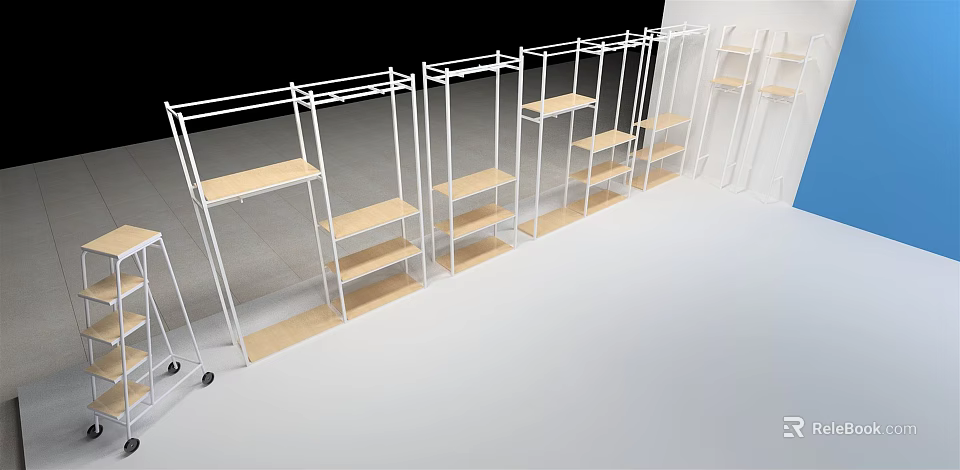 White Metal Frame Shelves With Wooden Boards Arranged On White Floor And Black Background 3d model 