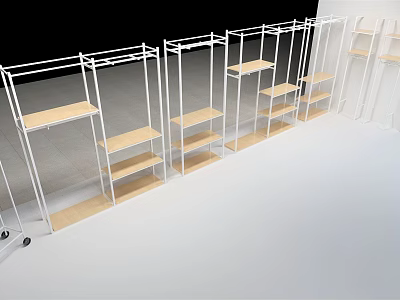 White Metal Frame Shelves With Wooden Boards Arranged On White Floor And Black Background 3d model