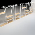 White Metal Frame Shelves With Wooden Boards Arranged On White Floor And Black Background