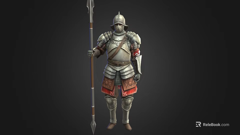 Game Movie Medieval Warrior Character With Plate Armor Helmet And Spear 3d model 