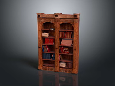 Traditional Wooden Bookcase With Carved Design And Various Colored Books On Shelves 3d model