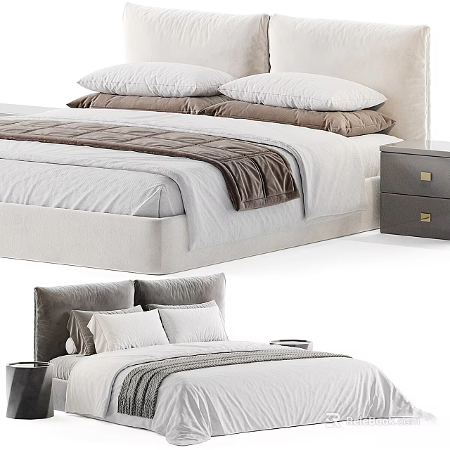 Modern Upholstered Double Bed With White Sheets Gray Blanket Plush Pillows And Nightstand 3d model 