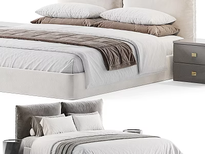 Modern Upholstered Double Bed With White Sheets Gray Blanket Plush Pillows And Nightstand 3d model
