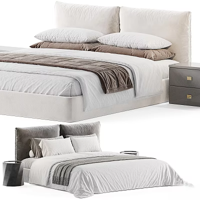 Modern Upholstered Double Bed With White Sheets Gray Blanket Plush Pillows And Nightstand 3d model
