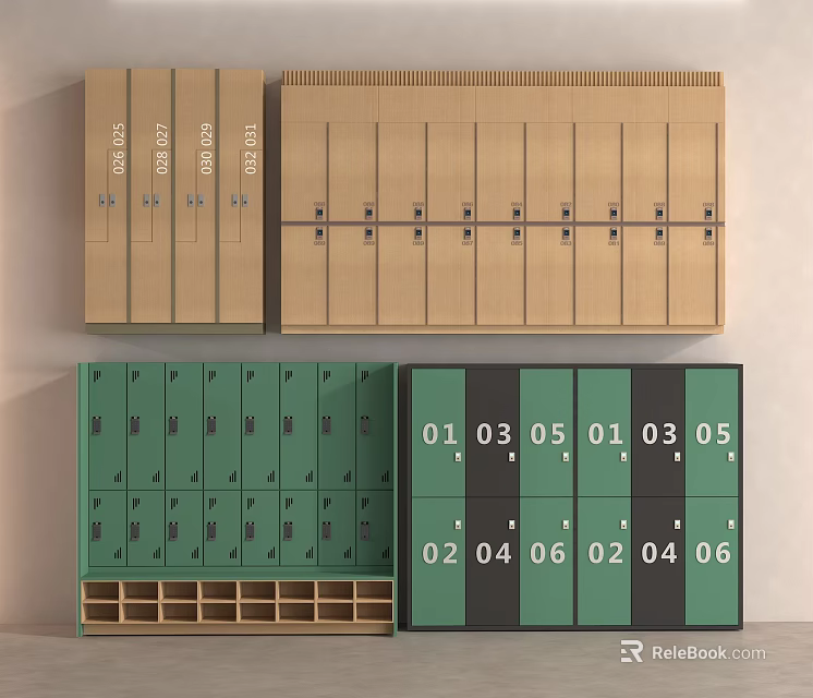 Brown And Green Numbered Storage Lockers With Multiple Compartments And Handles 3d model 