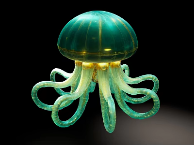 Green Glowing Jellyfish With Long Translucent Tentacles Floating On Black Background 3d model