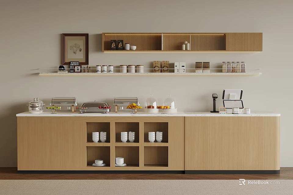 Warm Wooden Kitchen Interior With Open Shelves Coffee Machine Fruits And Cups 3d model 