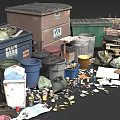 Public Facility Waste Sorting Station With Multiple Trash Bins And Recyclable Waste Items 3d model