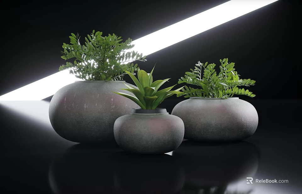 Three Gray Pots With Green Potted Plants On Black Surface And White Light Strip 3d model 