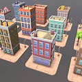Colorful Cartoon Style Multi Story Buildings With Small Trees And Street Lamps