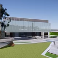 Modern Sales Office Building Design With Glass Curtain Wall Circular Driveway And Landscaped Gardens