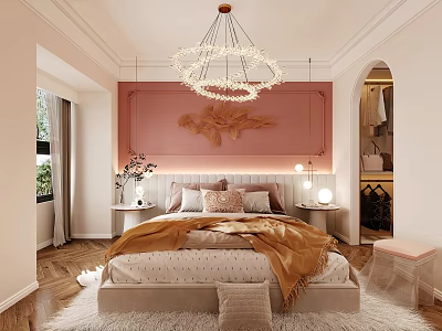 Elegant Bedroom Interior With Pink Accent Wall Decor Circular Chandelier And Cozy Bed Linens 3d model
