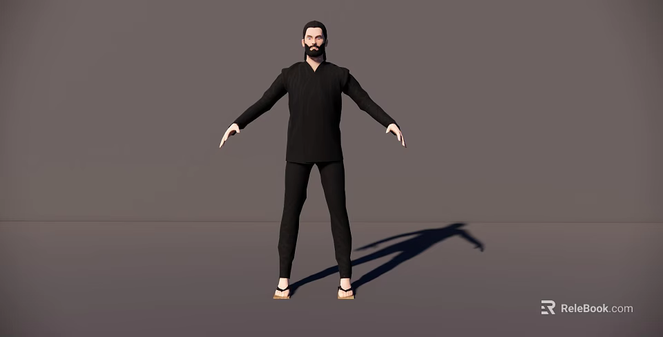Man in Black Outfit Standing with Arms Extended Wearing Sandals on Grey Background 3d model 