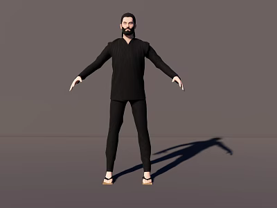 Man in Black Outfit Standing with Arms Extended Wearing Sandals on Grey Background 3d model